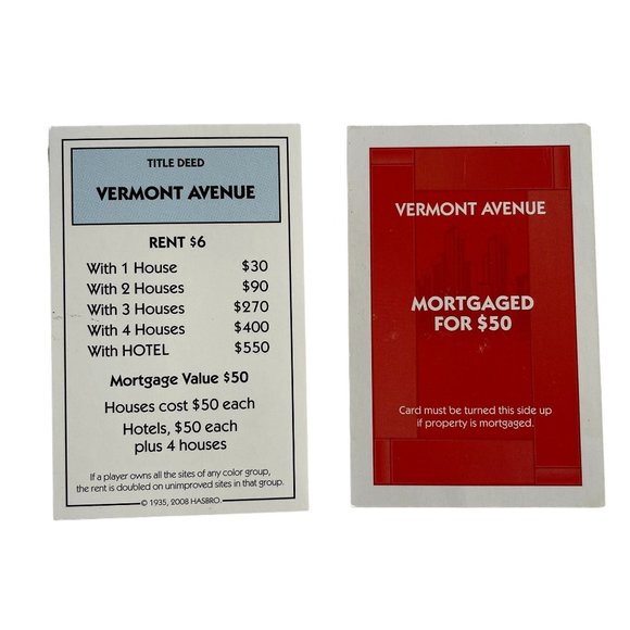 Monopoly Here Now Vermont Ave Property Title Deed Card Replacement 2008 u - Picture 4 of 4